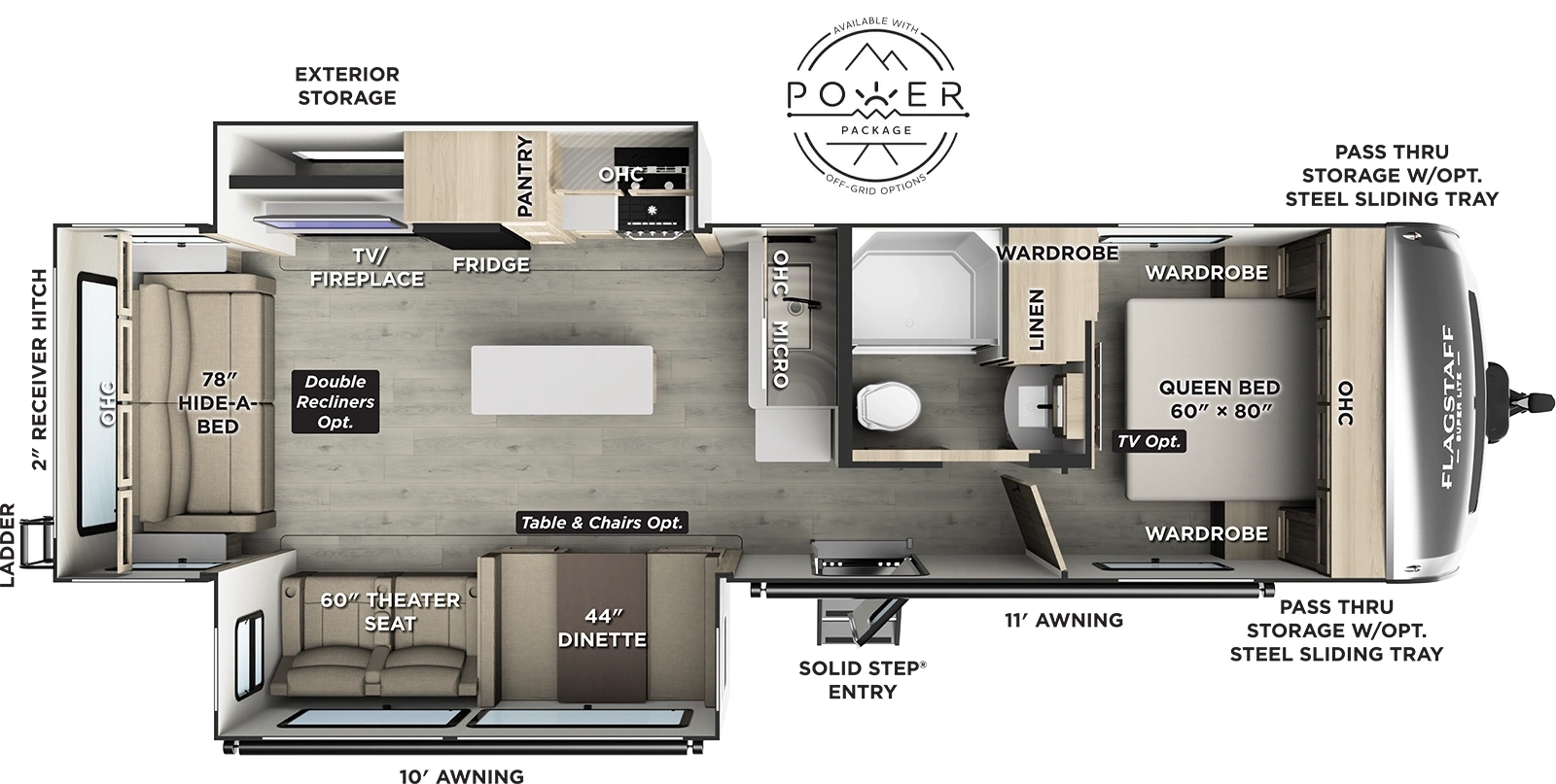 The Flagstaff Super Lite Travel Trailers 29RLKS floorplan has one entry and two slide outs. Exterior features include: fiberglass exterior and 10' & 11'6" awning. Interiors features include: kitchen island, front bedroom and rear living.